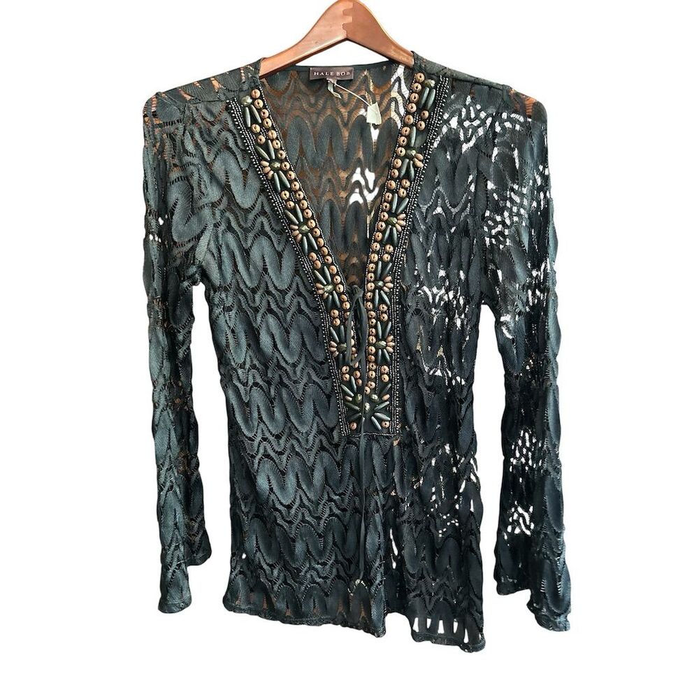Hale Bob Women's Black‎ Lace V-Neck Beaded Long Sleeve Blouse S